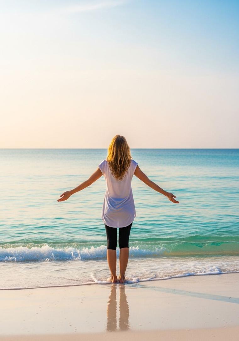 A woman standing at the water’s edge with her arms open to the sea
